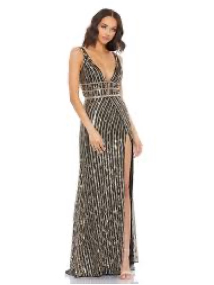 Mac Duggal Black And Gold Beaded V-Neck Slit Gown